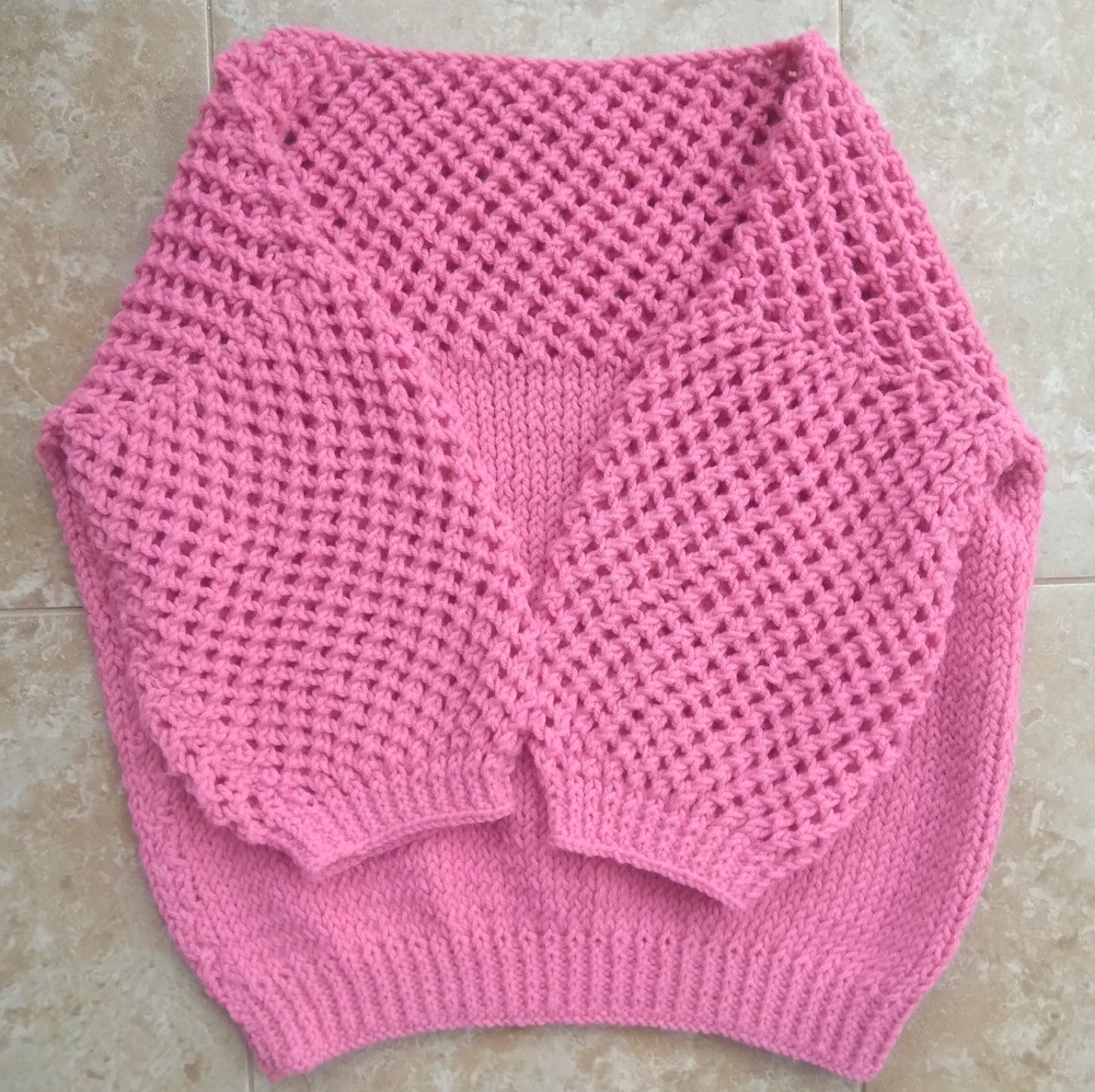 Pink Crochet Open-Knit Sweater w/ Cropped Puff Sleeves